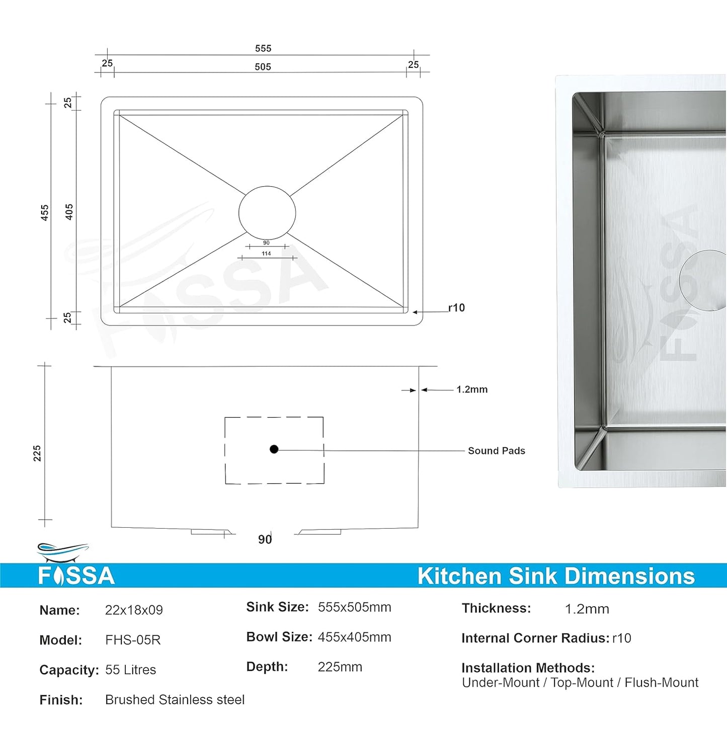 Fossa 22"x18"X09" Single Bowl SS-304 Grade Stainless Steel Handmade kitchen Sink Round Coupling Matte Finish FS-05R