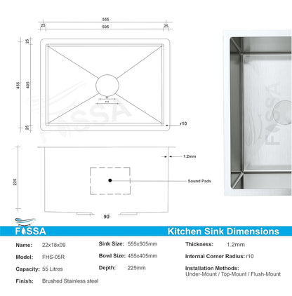 Fossa 22"x18"X09" Single Bowl SS-304 Grade Stainless Steel Handmade kitchen Sink Round Coupling Matte Finish FS-05R