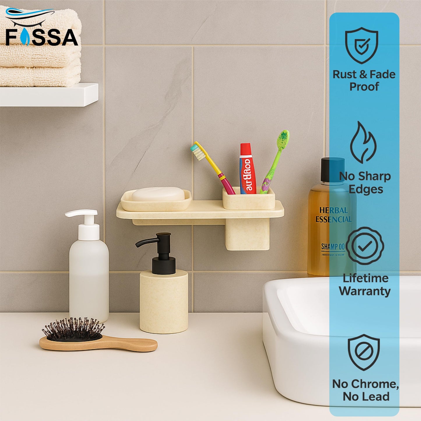 Fossa Classic Ceramic Wall Mounted Square Soap Dish with Toothbrush Holder – Unbreakable Design, Hygienic Surface, Rust & Fade Proof, Self-Drain Tray | Stylish Bathroom Organizer | Ivory (Glossy Finish)