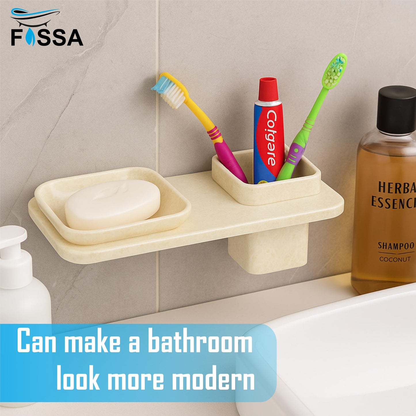 Fossa Classic Ceramic Wall Mounted Square Soap Dish with Toothbrush Holder – Unbreakable Design, Hygienic Surface, Rust & Fade Proof, Self-Drain Tray | Stylish Bathroom Organizer | Ivory (Glossy Finish)