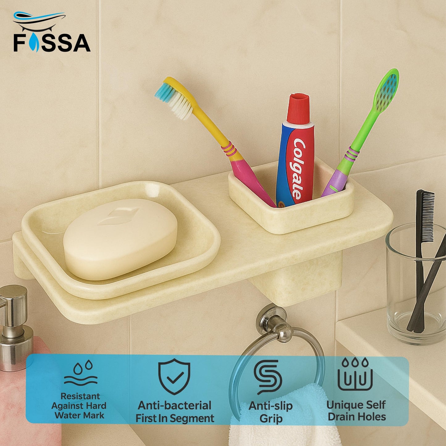 Fossa Classic Ceramic Wall Mounted Square Soap Dish with Toothbrush Holder – Unbreakable Design, Hygienic Surface, Rust & Fade Proof, Self-Drain Tray | Stylish Bathroom Organizer | Ivory (Glossy Finish)