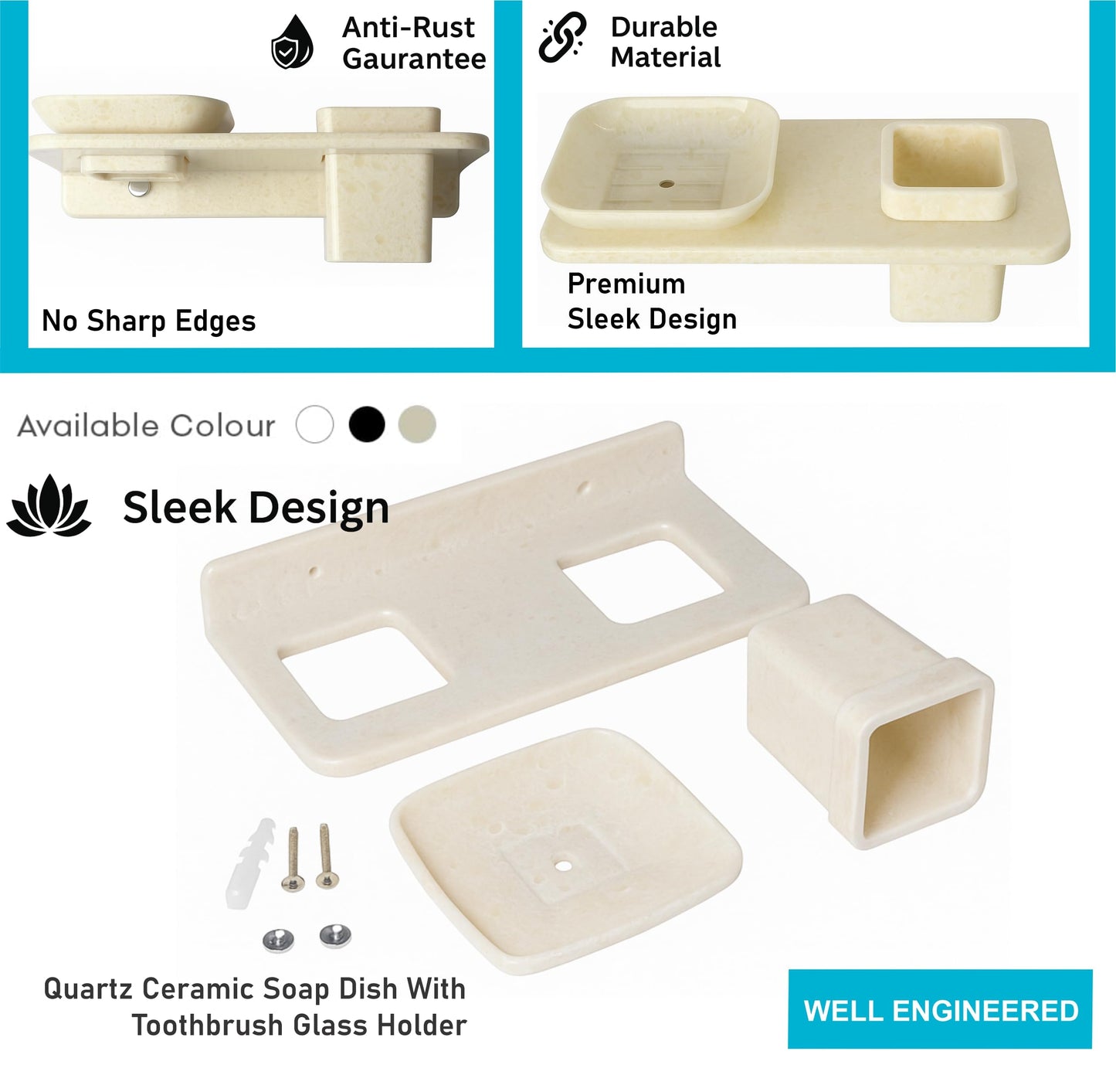 Fossa Classic Ceramic Wall Mounted Square Soap Dish with Toothbrush Holder – Unbreakable Design, Hygienic Surface, Rust & Fade Proof, Self-Drain Tray | Stylish Bathroom Organizer | Ivory (Glossy Finish)